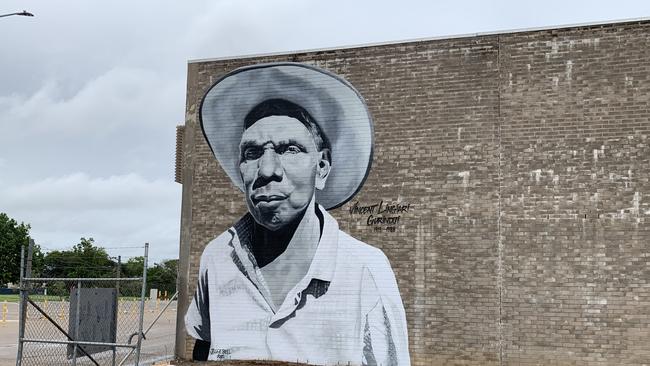 A portrait of Aboriginal rights activist and Gurindji elder Vincent Lingiari on Railway Terrace in Katherine. Picture: Katherine Regional Arts