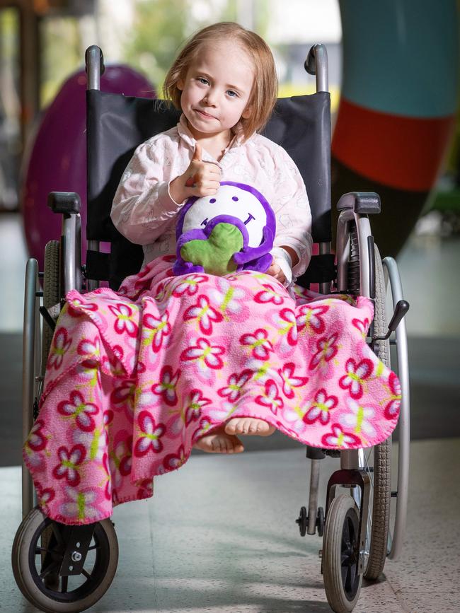 Celeste Wilson, 5, after having her renal tumor and kidney removed by surgeon Michael Nightingale. Picture: Mark Stewart