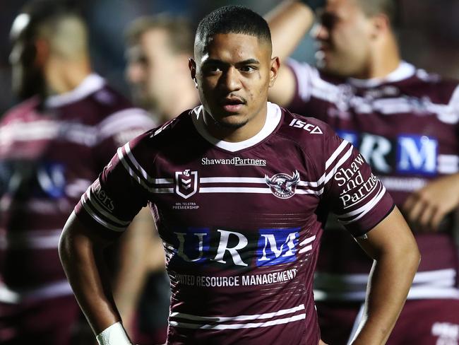 Manase Fainu of the Sea Eagles warms up prior to the First NRL Elimination Final between the Manly Sea Eagles and the Cronulla Sharks at Lottoland in Sydney, Saturday, September 14, 2019. (AAP Image/Brendon Thorne) NO ARCHIVING, EDITORIAL USE ONLY