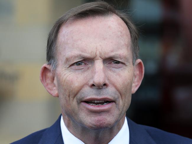 Tony Abbott speaks to media outside the Henry Jones Hotel on Hobart's waterfront to discuss the assault. Picture: Luke Bowden