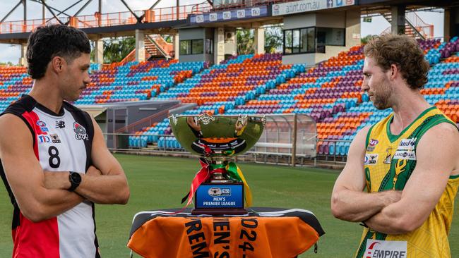 Michael Bowden of Southern Districts and Dylan Landt of St Mary's ahead of the 2024-25 NTFL grand final. Picture: Pema Tamang Pakhrin