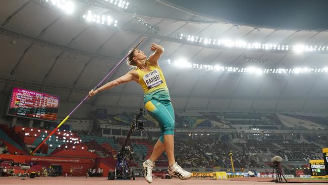 Kelsey-Lee Barber launches a throw during the javelin final. Picture: AP