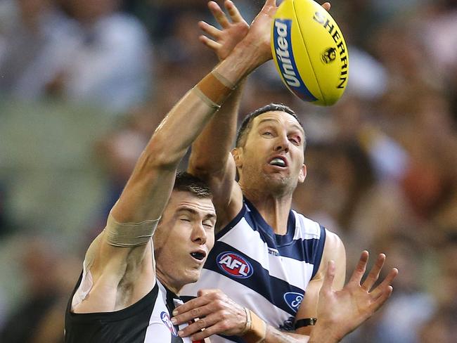 Taylor spoiling Magpies forward Mason Cox during last week’s game. Picture: Michael Klein