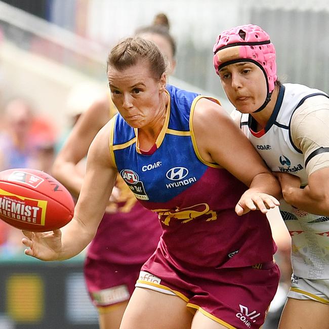 Britt Gibson (left) and Heather Anderson of the Adelaide Crows compete for the ball during the AFLW Grand Final at Metricon Stadium in 2017. Picture: AAP/DAN PELED