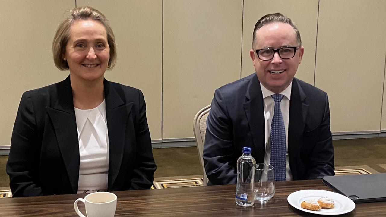 Qantas chief financial officer and CEO-designate Vanessa Hudson with current CEO Alan Joyce at the International Air Transport Association AGM in Istanbul. Picture: Robyn Ironside