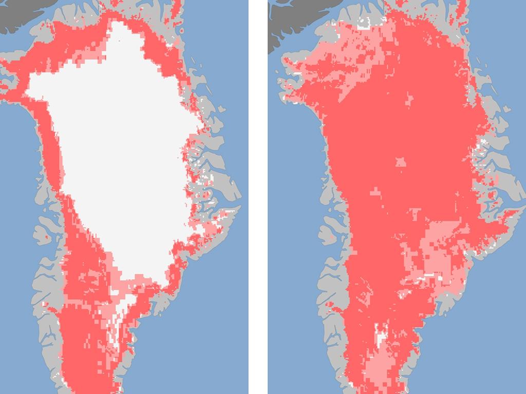 NASA images show the extent of surface melt over Greenland’s ice sheet in July. (AP Photo/Nicolo E. DiGirolamo)