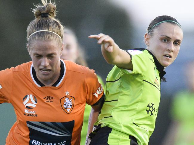 Natalie Tathem of Brisbane (left) and Olivia Price of Canberra (right) during the Round 9 W-League match between Canberra United and Brisbane Roar at McKellar Park in Canberra, Thursday, December 27, 2018. (AAP Image/Rohan Thomson) NO ARCHIVING, EDITORIAL USE ONLY