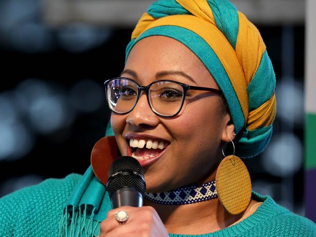 L-R, Randa Abdel-Fattah  with Activist and author Yassmin Abdel-Magied examine issue of racism, multiculturalism and human rights in Australia. (Author and writer Joy Lawn - moderator). Photo by Chris Pavlich for The Australian