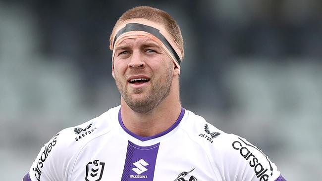 GEELONG, AUSTRALIA - FEBRUARY 12: Christian Welch of the Storm looks on during the NRL Trial match between Melbourne Storm and Sydney Roosters at GMHBA Stadium on February 12, 2023 in Geelong, Australia. (Photo by Kelly Defina/Getty Images)
