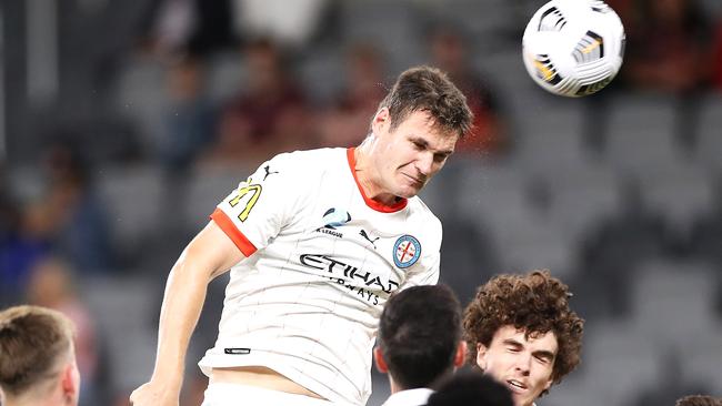 SYDNEY, AUSTRALIA - MARCH 02:  Curtis Good of Melbourne City FCÃÂ heads the ball at goal during the A-League match between the Western Sydney Wanderers and Melbourne City at Bankwest Stadium, on March 02, 2021, in Sydney, Australia. (Photo by Mark Kolbe/Getty Images)