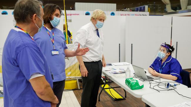 British Prime Minister Boris Johnson visits a vaccination centre at the Derby Arena velodrome in England earlier this month. Picture: Getty Images