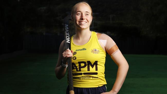 ****NO ONLINE TILL AFTER TEAM ANNOUNCEMENT ON 1/7/24****Maddi Brooks at home in Hobart.  Tasmanian Maddi Brooks 19 has been named in the Paris 2024 Olympic women's hockey team.  Picture: Nikki Davis-Jones