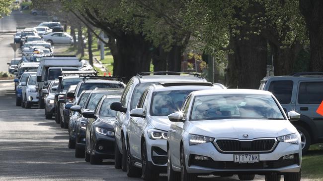 Ballarat going into Covid lockdown. Cars lined up at the 4 Cyte Pathology Drive thru 630 Skipton Street Redan, Covid testing site. Picture: David Caird