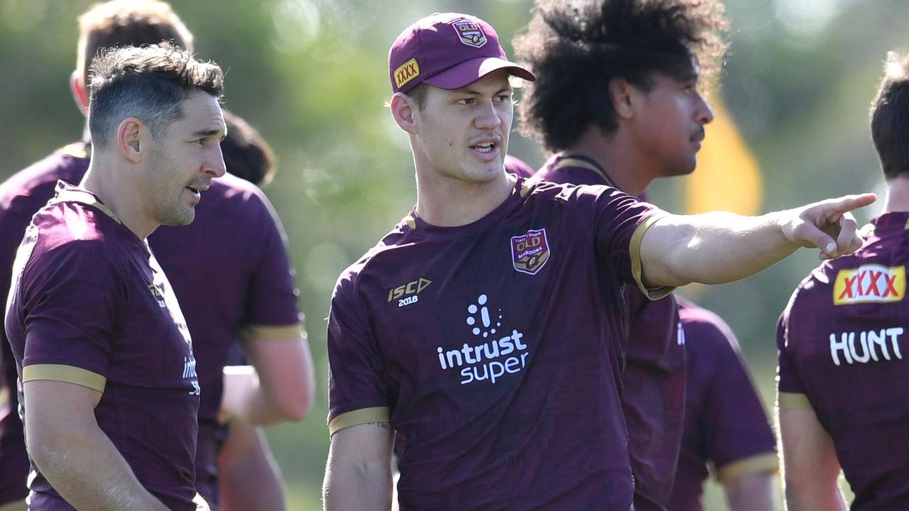 Billy Slater and Kalyn Ponga at Maroons training.