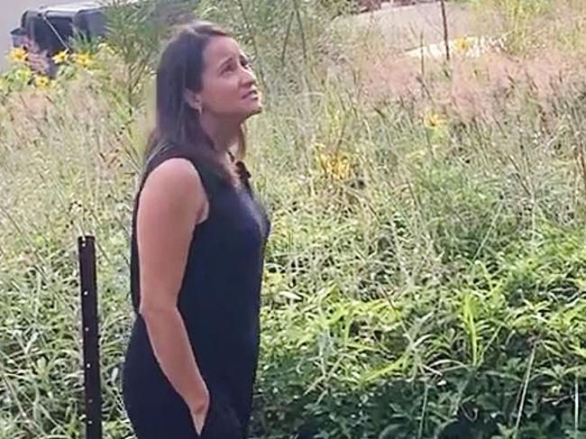 Screenshots of Kenia Alves at the site of her dream home which is now a vacant block of land overgrown with weeds.