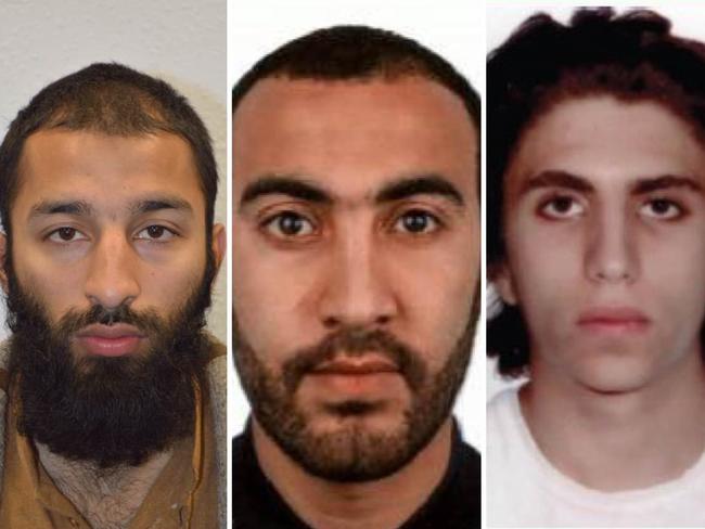 Khuram Shazad Butt, left,  Rachid Redouane and Youssef Zaghba have been named by police the three attackers in the June 3 terror attack on London Bridge. Picture: AFP/Metropolitan Police