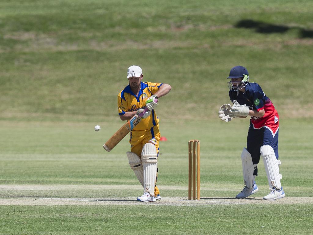 John Hill bats for Northern Brothers Diggers also pictured is Metropolitan-Easts wicketkeeper Oliver Dunk in Toowoomba Cricket B Grade One Day grand final at Captain Cook Reserve, Sunday, December 10, 2023. Picture: Kevin Farmer