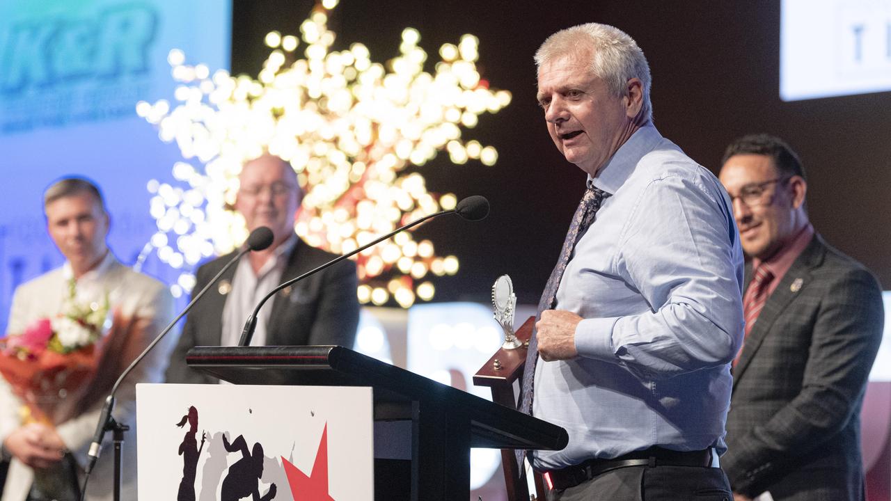 Darren Stewart accepts the Sports Darling Downs Senior Sports Star of the Year award on behalf of daughter Tatum Stewart at the presentation dinner at Rumours International, Saturday, February 1, 2025. Picture: Kevin Farmer