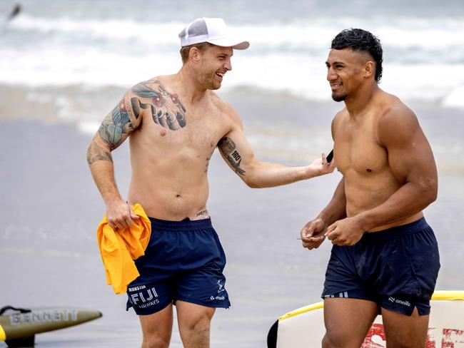 (L—R) Cameron Munster, Marion Seve pictured at Melbourne Storm’s pre-season training camp at Torquay beach. Picture: David Geraghty