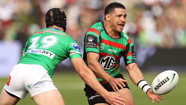 Rabbitohs’ five-eighth Cody Walker passes during the round 11 NRL match between the South Sydney Rabbitohs and the Canberra Raiders at APEX Oval, on May 22, 2022. (Picture: Mark Kolbe/Getty Images)