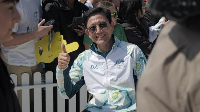 Jimmy Huo lapping up the celebrations at the Welcome Home Celebration at Tumbalong Park. Picture: Ikko Ehode Arimoto