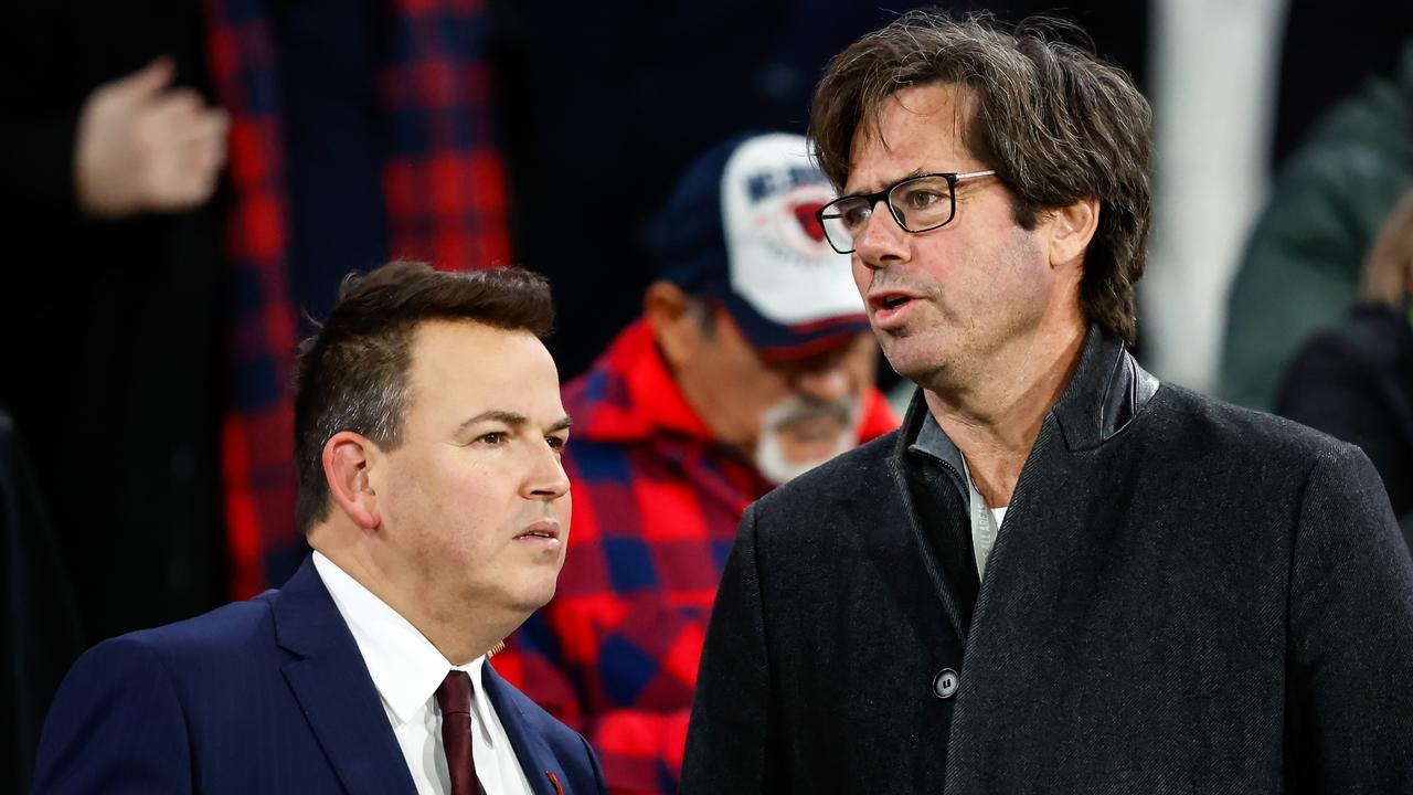 Tom Browne with outgoing AFL chief executive Gillon McLachlan. Picture: Dylan Burns/AFL Photos via Getty Images