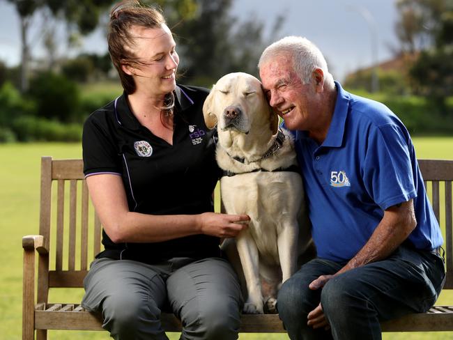 Operation K9 assistance dog instructor Ann Spader with veteran Dusty Goodluck and his PTSD assistance dog Isaac at the Royal Society for the Blind at Gilles Plains. Picture: Calum Robertson