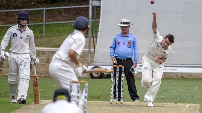 BBC William Gibson bowls at the First XI GPS cricket match between Brisbane Boys College and Brisbane Grammar School. (AAP/Image Sarah Marshall)