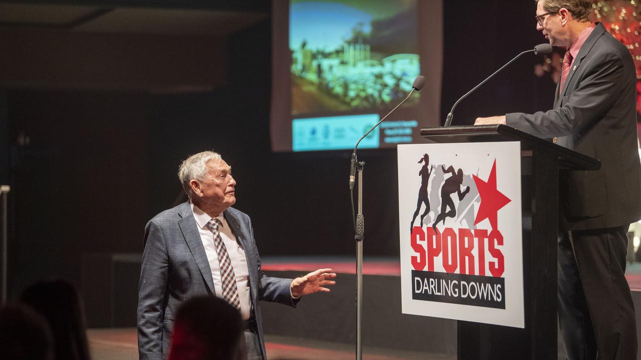 Clive Berghofer and Cr Geoff McDonald. Sports Darling Downs Sports Stars of the Year dinner. Saturday, February 11, 2023. Picture: Nev Madsen.