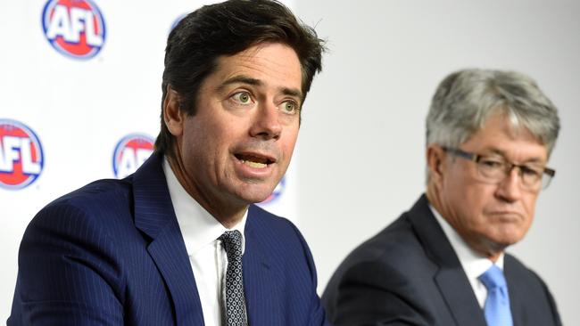 AFL WADA Press Conference at ALF House. AFL CEO Gillon McLachlan and AFL Chairman Mike Fitzpatrick. Picture: Kylie Else