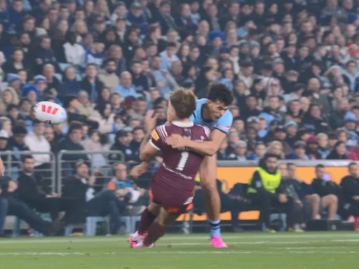 Reece Walsh was ironed out by Joseph-Aukuso Suaalii in last year’s Origin opener. Picture: Fox Sports