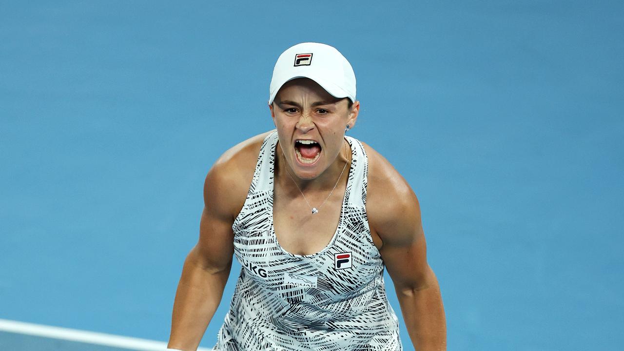 Ashleigh Barty celebrates her win against Danielle Collins