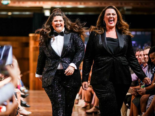 On the runway with Chrissie Swan (right) during a Priceline fashion show in Melbourne. Picture: Nicole Cleary