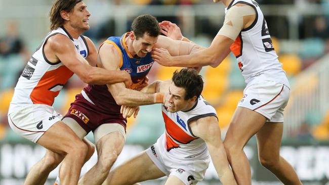 Darcy Gardiner clashes with Jeremy Cameron after his hit on Harris Andrews. Picture: Getty Images