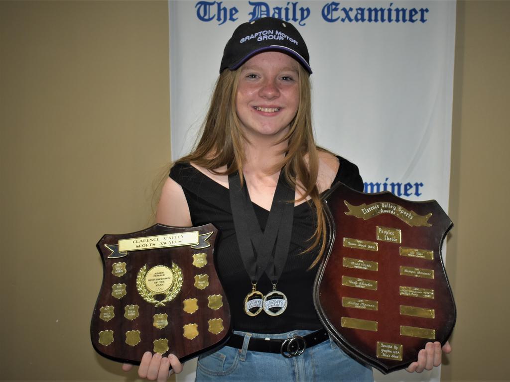 Andrea Thomson was the star of the show at the 2020 Clarence Valley Sports Awards at Grafton District Services Club on Saturday, 14th November, 2020, winning Grafton Shoppingworld's Junior Female Sportsperson of the Year and People's Choice Award. Photo Bill North / The Daily Examiner