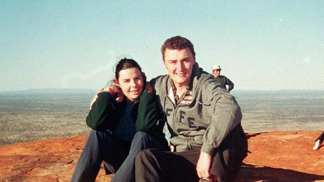 English tourists Joanne Lees and Peter Falconio on top of Uluru a few days before they were attacked 14 Jul 2001 on the Stuart Highway at Barrow Creek in the NT. pic/supplied.