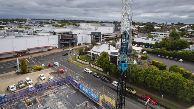 Progress of construction at the Bernoths development of inner-city apartments in Mylne St as seen from a Hutchinson Builders construction crane. Picture: Kevin Farmer