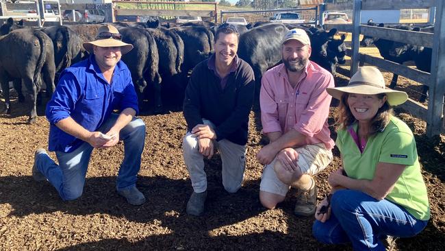 Buyer Wade Hodgson, Hodgson Agriculture, Flynn, Gippsland with vendor Glenn Kerr, West Ridge, his agent Elders' Andrew Button and bull supplier Boonaroo Angus' Jodie Foster. Picture: Kate Dowler