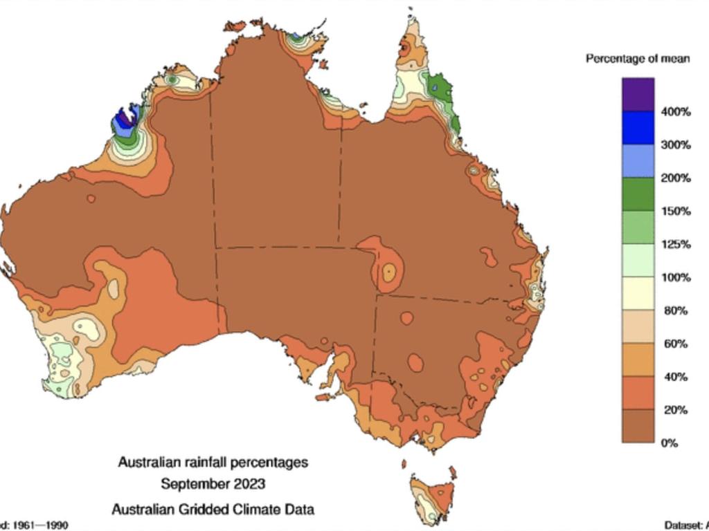 The majority of the country received between 0 to 20 per cent of its average rainfall. Photo: BOM