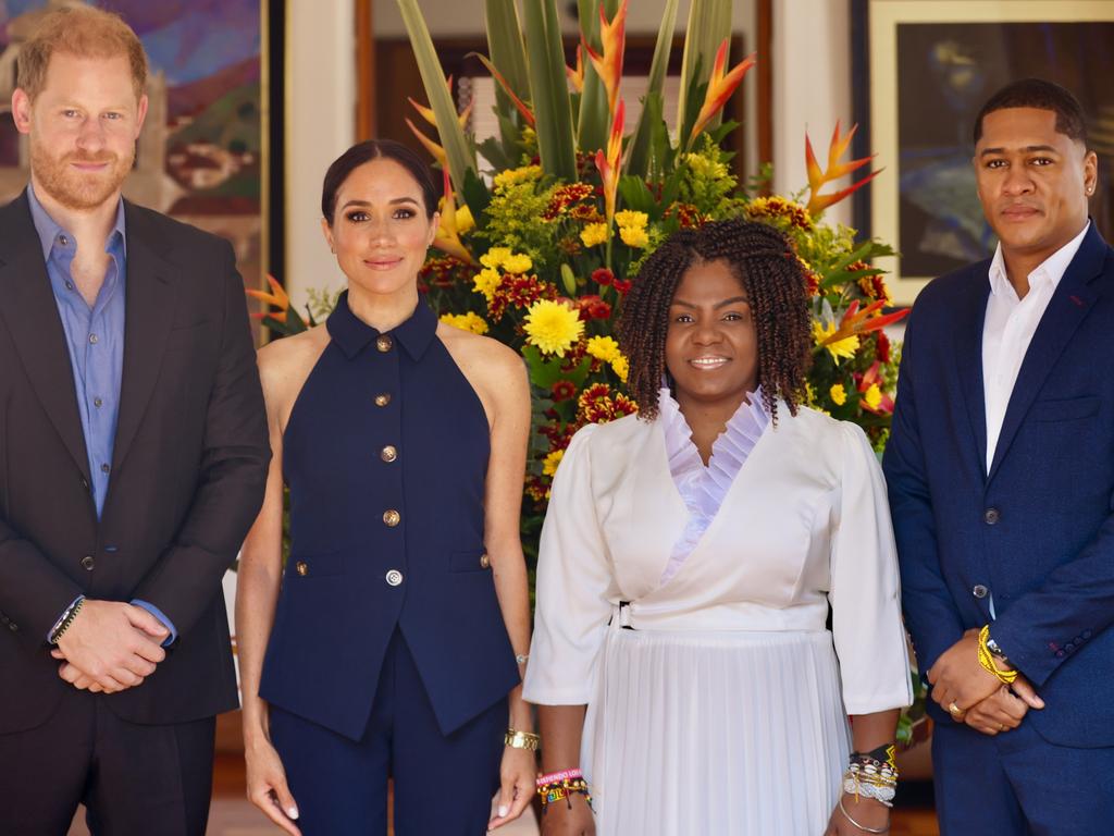 Harry and Meghan were greeted by the Vice President and her husband Yerney Pinillo at her official residence after landing in Colombia. Picture: Colombian Vice President's Office via Getty Images