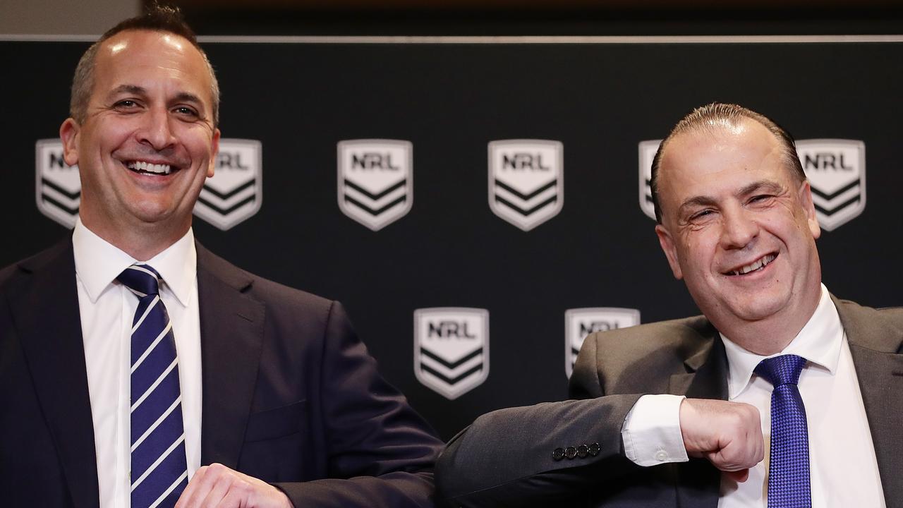 SYDNEY, AUSTRALIA – SEPTEMBER 03: Australian Rugby League Commission Chairman Peter V'landys and National Rugby League Chief Executive Andrew Abdo bump elbows during a NRL press conference at Rugby League Central on September 03, 2020 in Sydney, Australia. (Photo by Mark Metcalfe/Getty Images)