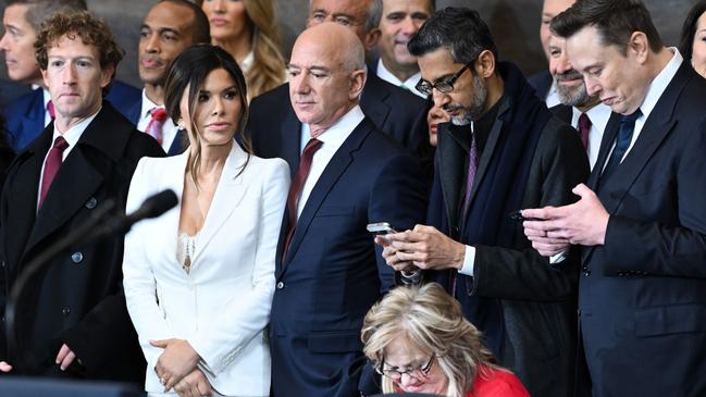 Mark Zuckerberg, Lauren Sanchez, Jeff Bezos, Sundar Pichai and Elon Musk. Picture: Saul Loeb/Getty Images