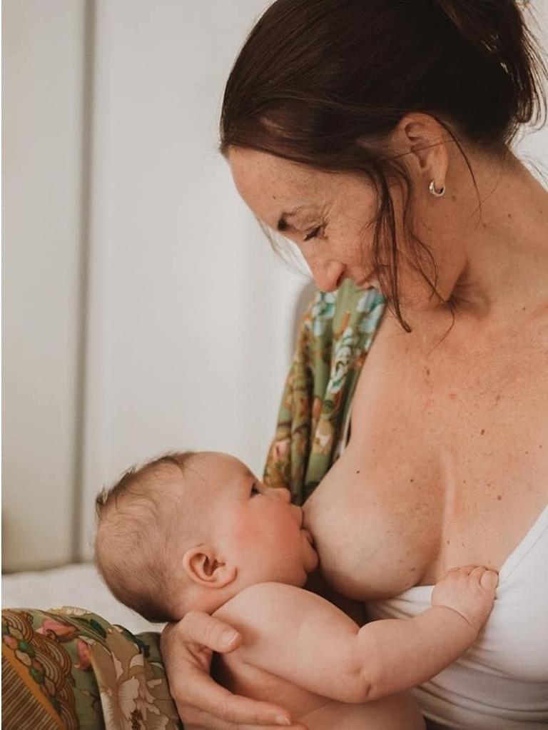 Emma Eckersley breastfeeding her daughter the day before her double mastectomy. Picture: Supplied