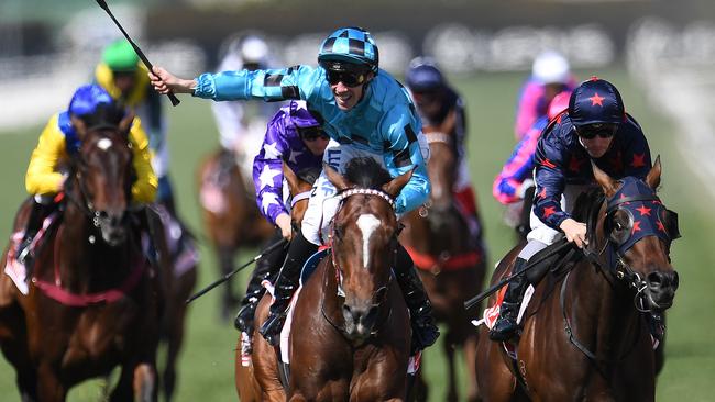 Extra Brut produced a cracking staying performance to win the Victoria Derby. Picture: AAP