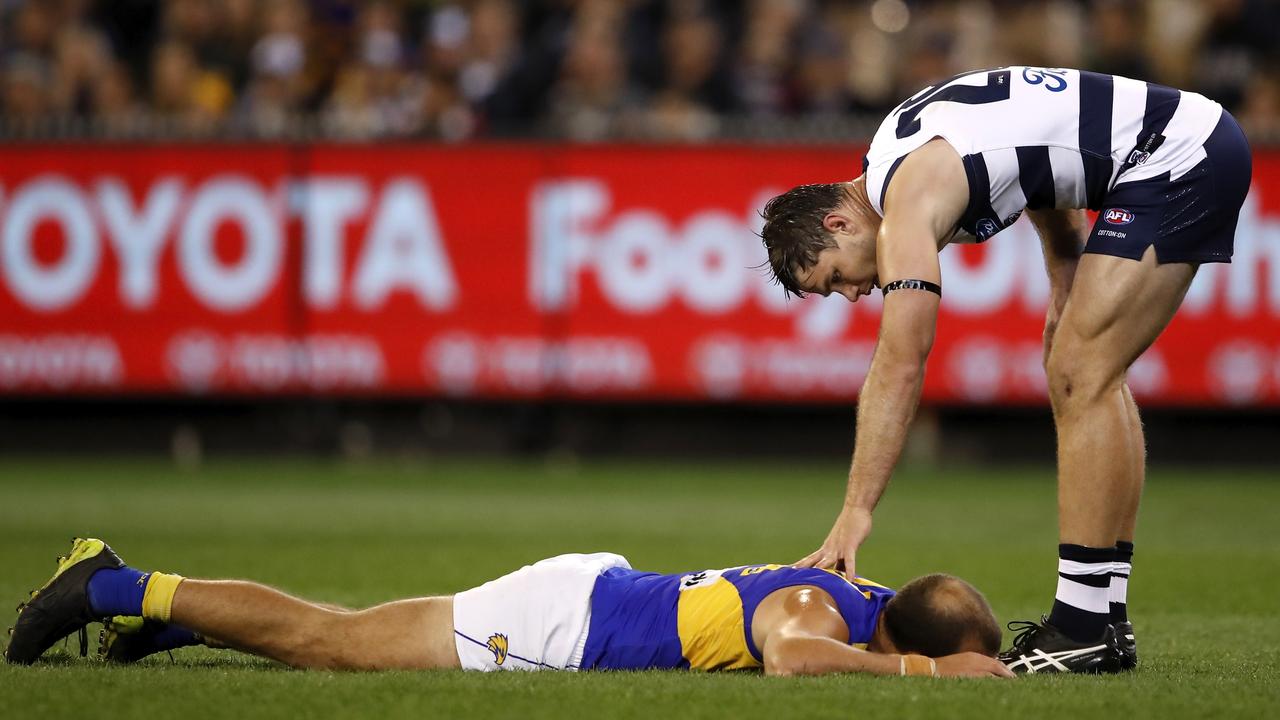 Tom Hawkins checks in on Will Schofield. Photo: Dylan Burns/AFL Photos