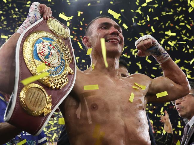 SYDNEY, AUSTRALIA - MARCH 12:  Tim Tszyu celebrates victory in the WBO super-welterweight world title fight between Tim Tszyu and Tony Harrison at Qudos Bank Arena on March 12, 2023 in Sydney, Australia. (Photo by Mark Kolbe/Getty Images)