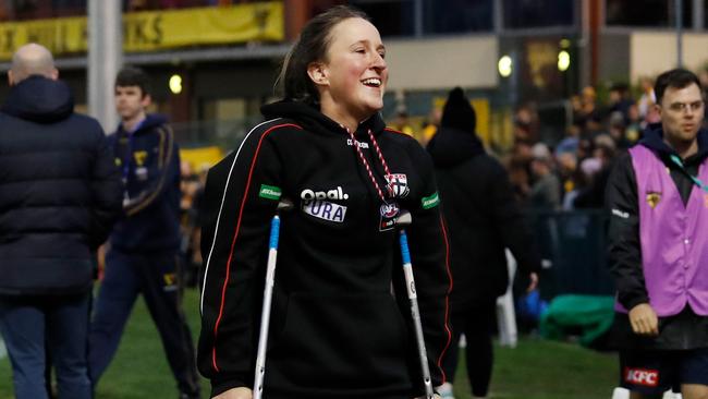 Saints defender Jayde Van Dyk still managed a smile on Sunday after suffering an ACL rupture. Picture: Getty Images