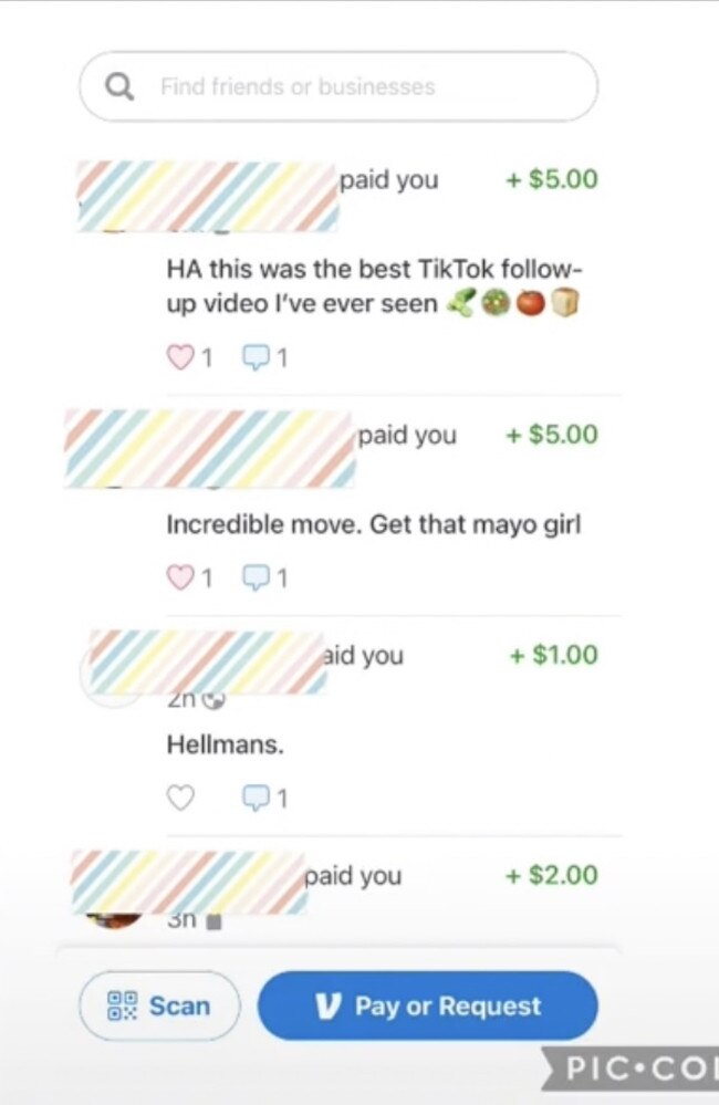 In response she asked people to send her money so she could buy mayo – which they did. Picture: TikTok/@mayoswindler