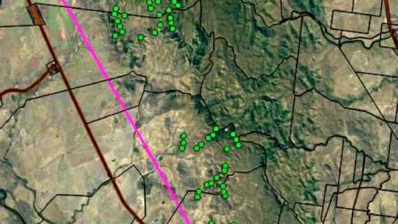 The proposed locations of 150 to 200 wind turbines at Clarke Creek, 150km south west of Mackay. Picture: Lacour