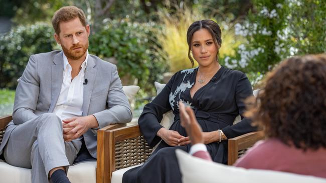 Oprah Winfrey interviews Prince Harry and Meghan Markle in March 2021. (Picture: Harpo Productions/Joe Pugliese via Getty Images)